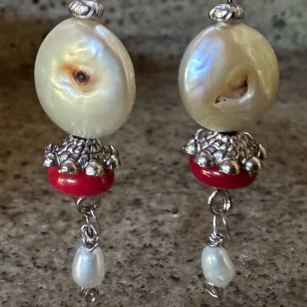 Handcrafted Genuine Silver Coin Pearl & Red Coral Bead Drop w/ Dangles Earrings - Picture 15 of 15